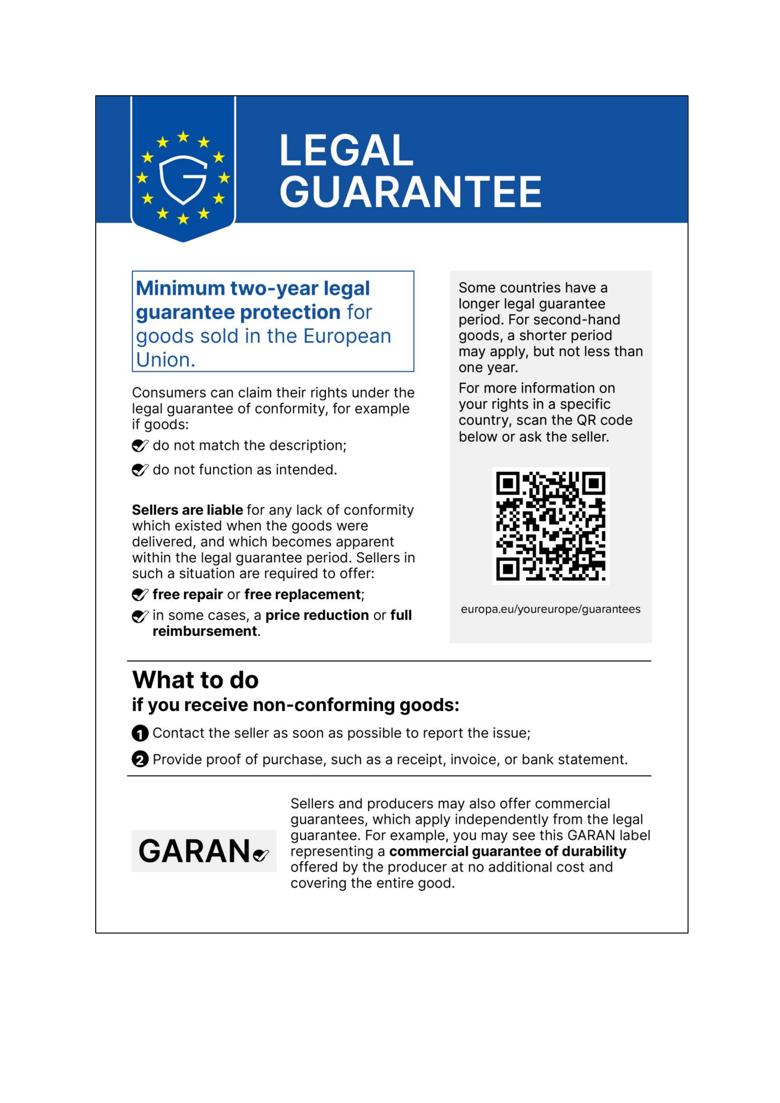 Official EU harmonised notice on the legal guarantee of conformity