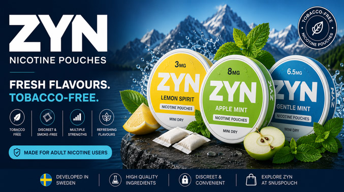 ZYN nicotine pouches featuring Lemon Spirit, Apple Mint and Gentle Mint flavours with 3mg, 8mg and 6.5mg strengths